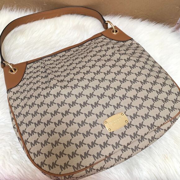 MICHAEL KORS JET SET Logo Nat'l/Acorn Large Pleated NS Convertible Shoulder Bag - Picture 1 of 16